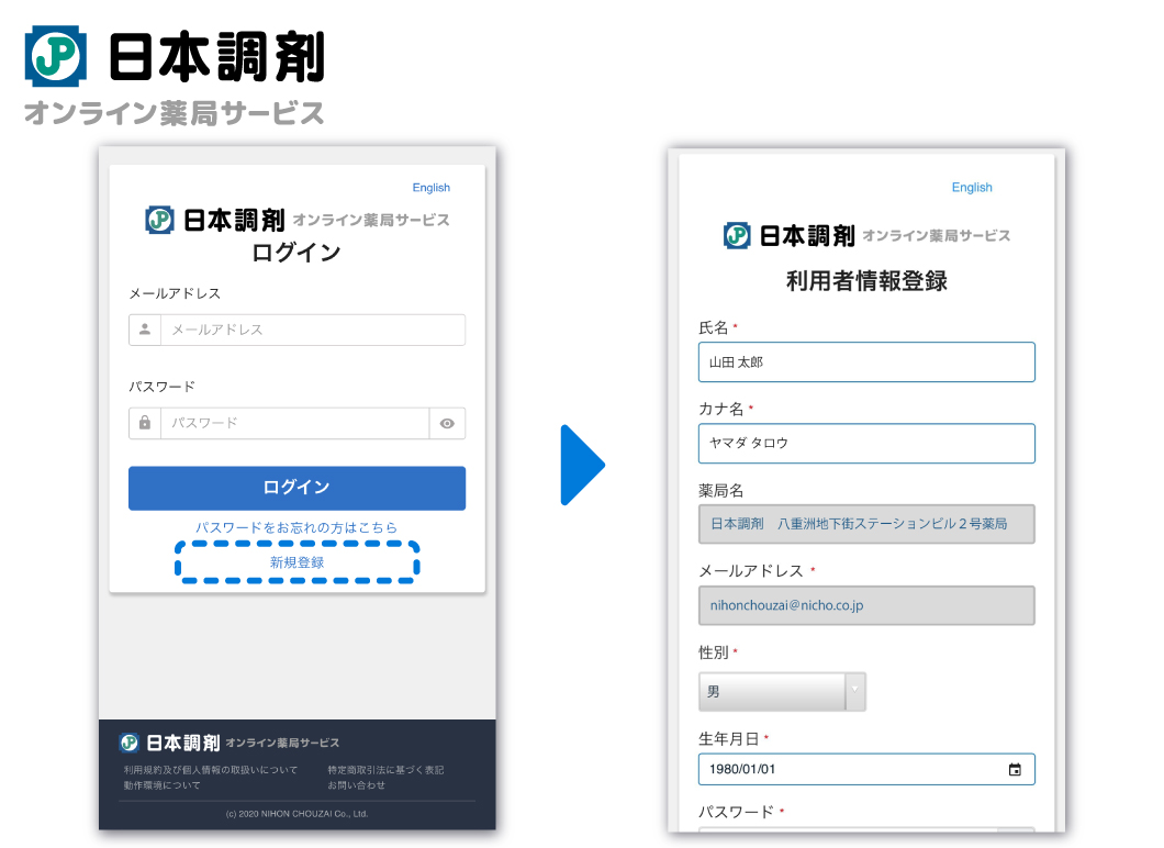 「日本調剤 オンライン薬局サービス」の新規登録画面