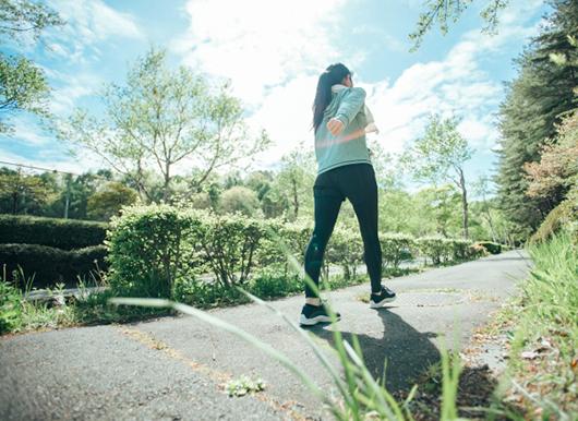 緑道をウォーキングする女性の後ろ姿