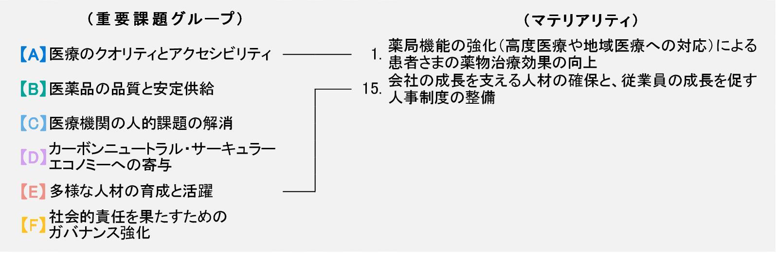 日本調剤グループの特定したマテリアリティ（1.薬局機能の強化（高度医療や地域医療への対応）による患者さまの薬物治療効果の向上、15.会社の成長を支える人材の確保と、従業員の成長を促す人事制度の整備）