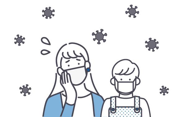 マスクをした母親と息子と周囲に広がるウイルス