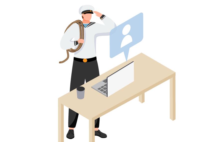 ノートPCに向かって敬礼をする船乗り
