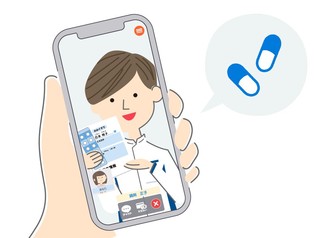 スマホに映る薬剤師がオンライン服薬指導を行う様子