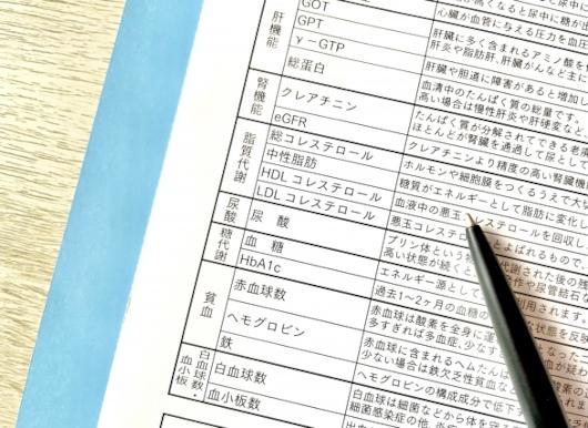 健康診断の検査項目が記載された用紙とペン