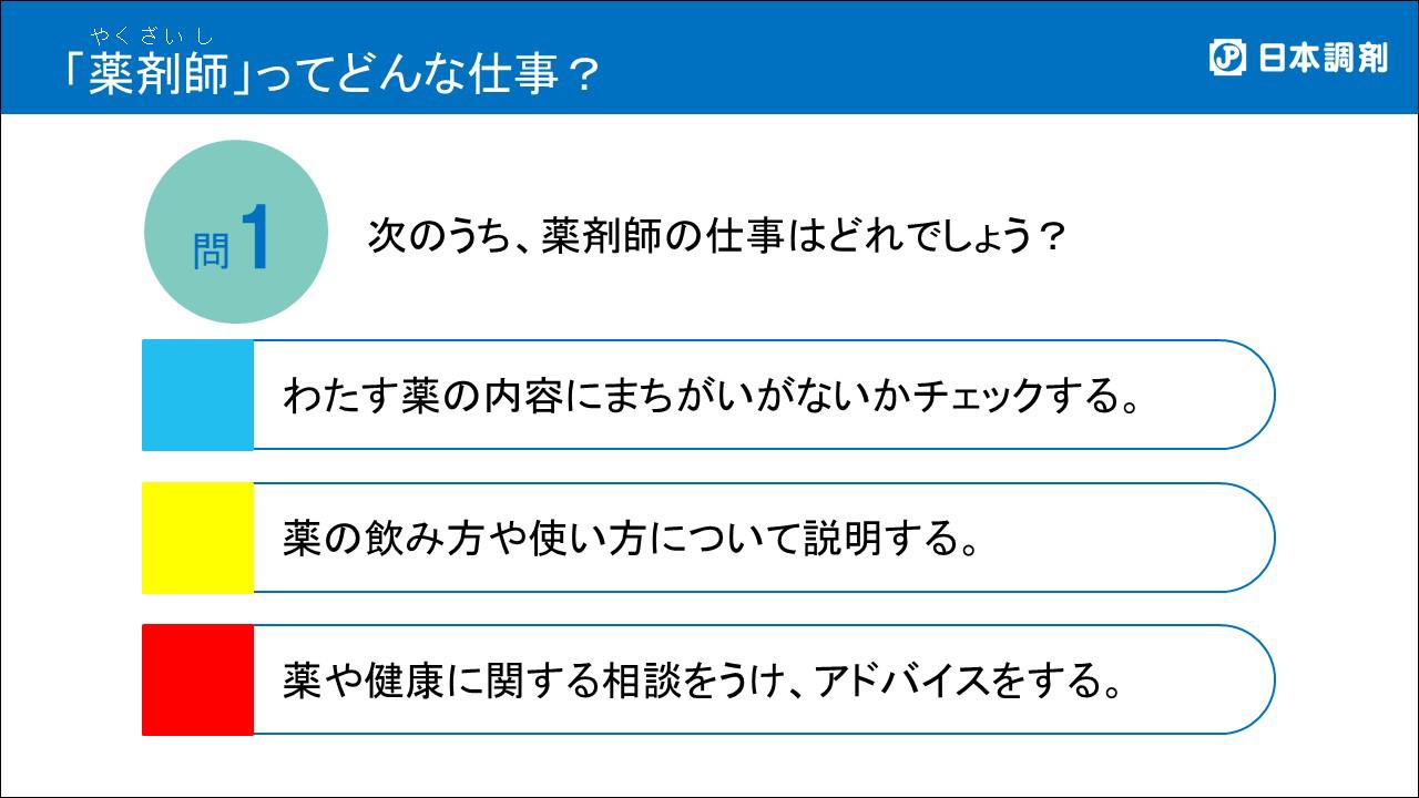 薬剤師の仕事についての子ども向け3択問題のスライドキャプチャ